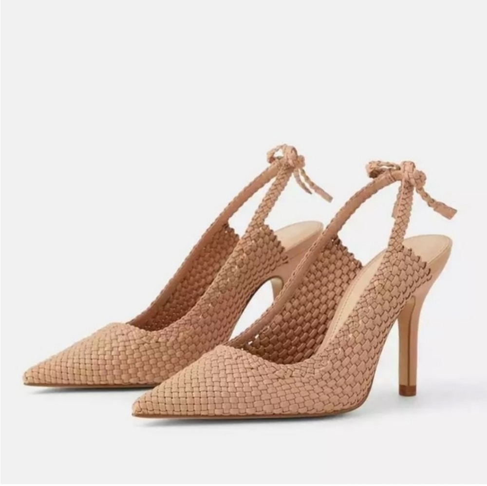 Zara Woven Slingback Bow Heels Pointed Sandals Size 39 US 8.5M